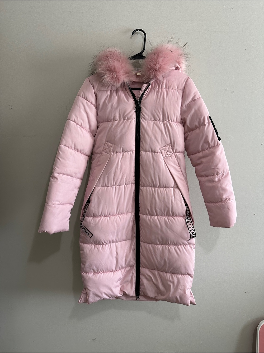 Light Pink Long Puffer Coat with Faux Fur Trim